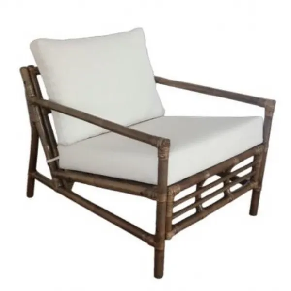 Boho Chic Bamboo Armchair with White Canvas Padded Cushions