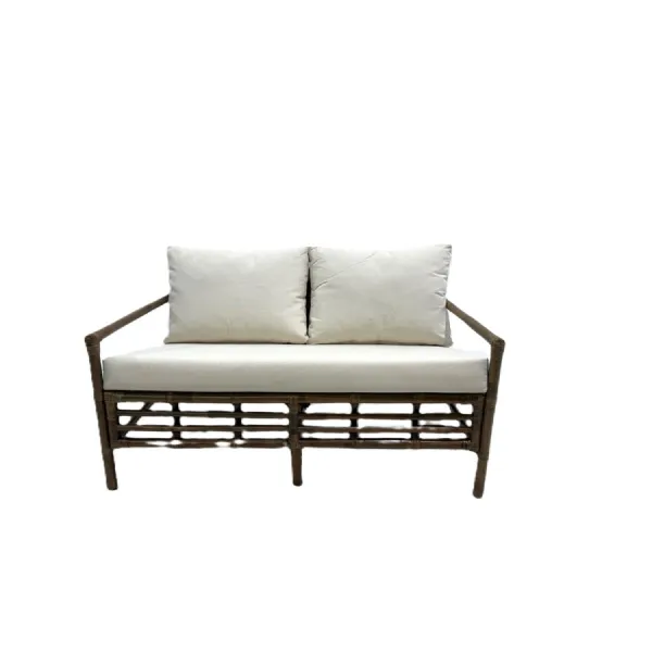 Garden Brown Bamboo 2 Seater Lounge Sofa with White Canvas Cushions