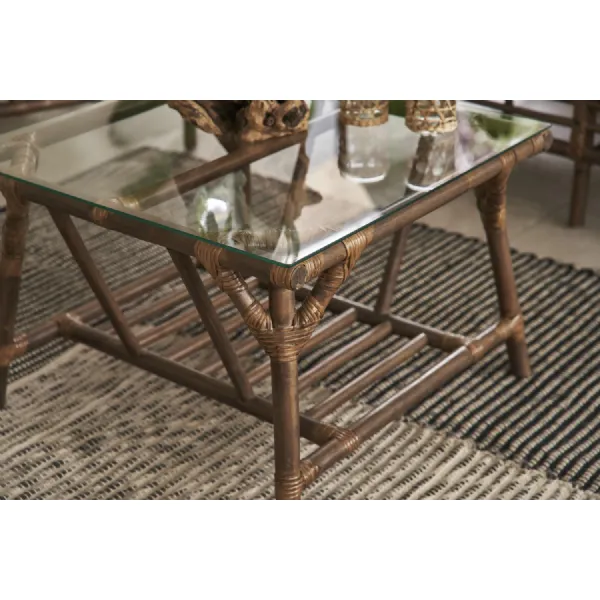 Boho Chic Square Brown Bamboo and Glass Top Coffee Table with Shelf