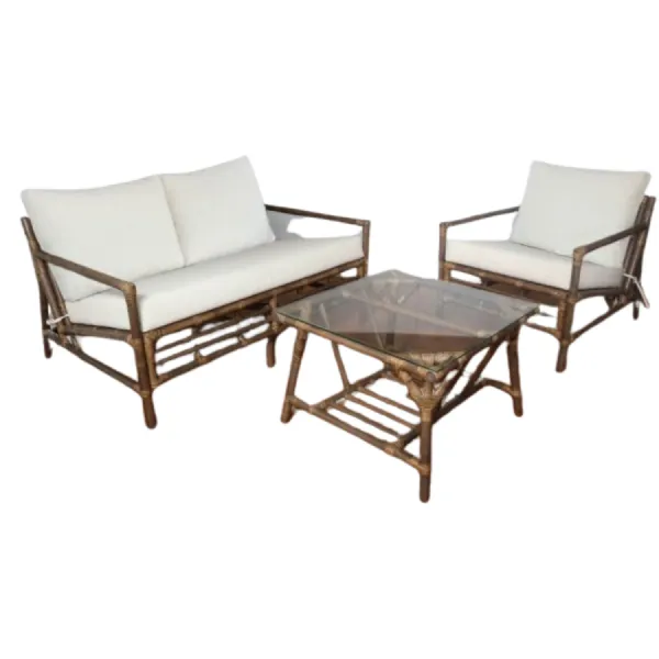 Brown Bamboo 2 Seater Garden Sofa Set with Coffee Table and White Cushions
