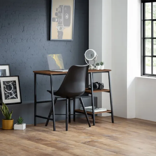 Modern Walnut Rectangular Desk with Shelves and Black Metal Frame