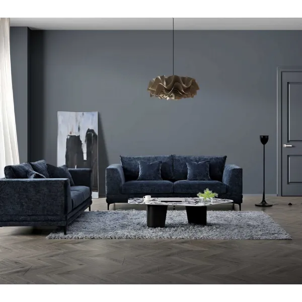Modern Blue Velvet Upholstered 3 and 2 Seater Sofa Set with Wooden Plinth Base
