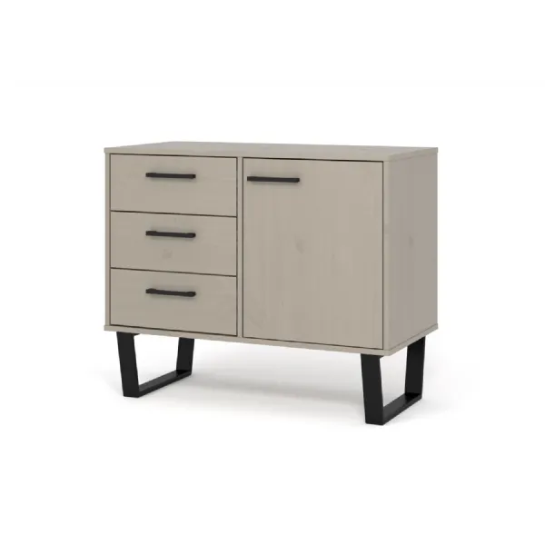 Grey Washed Wax Small 1 Door 3 Drawer Sideboard
