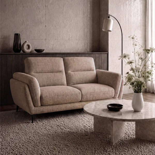 Oatmeal Fabric 2 Seater Cushion Back Sofa Nickel Legs