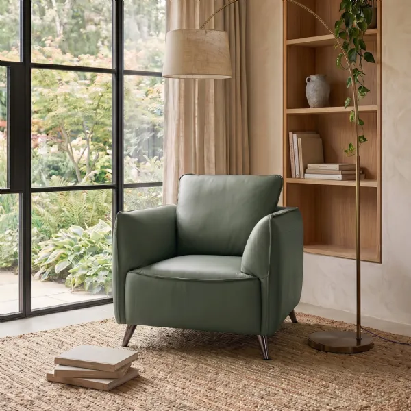 Green Leather Cushion Back Armchair Nickel Legs