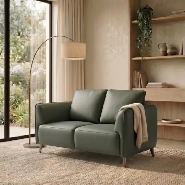 Green Leather 2 Seater Cushion Back Sofa Nickel Legs