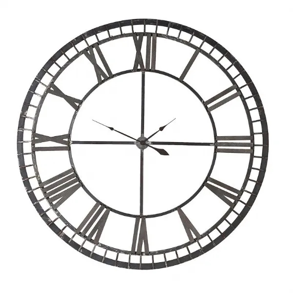 Large Round Ornamental Iron With Wooden Roman Numerals Wall Clock