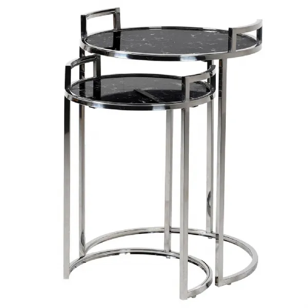 Set Of 2 Black Marble Effect Round Nesting Tables