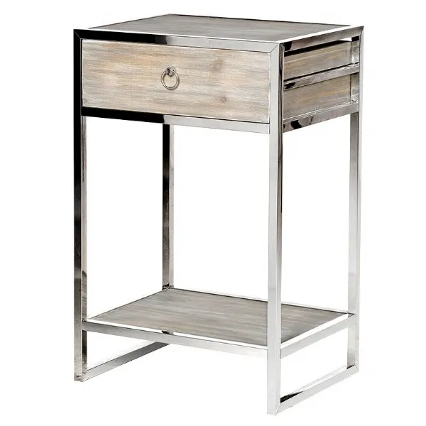 Fir Wood And Stainless Steel Bedside Table