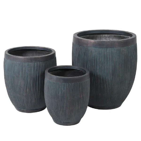 Set Of 3 Verdigris Ribbed Planters