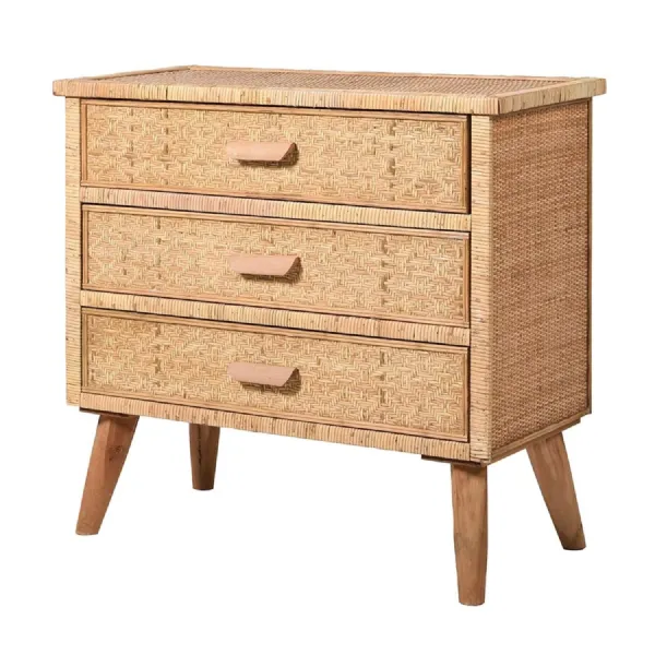 Natural Rattan 3 Drawer Bedside