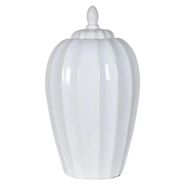 Large White Ribbed Jar with Lid