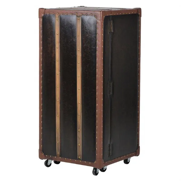 Cool Retro Brown Leather Effect Bar Trunk Drinks Cabinet on Castors