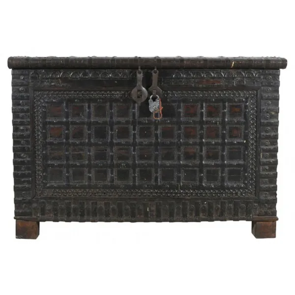 Vintage Style Antique Carved Wood Console Chest with Ornate Iron Cladding