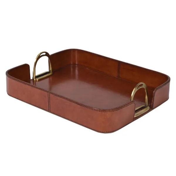 Rectangular Leather Tray with Stirrup Handles