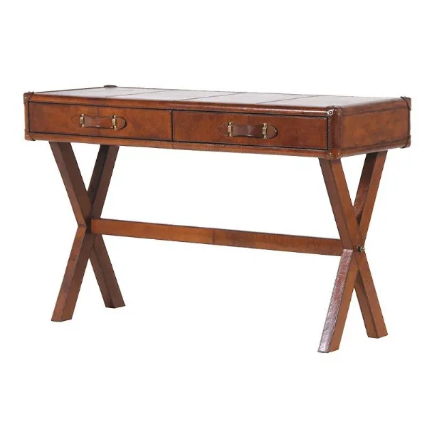 Vintage Style 2 Drawer Tanned Leather Desk