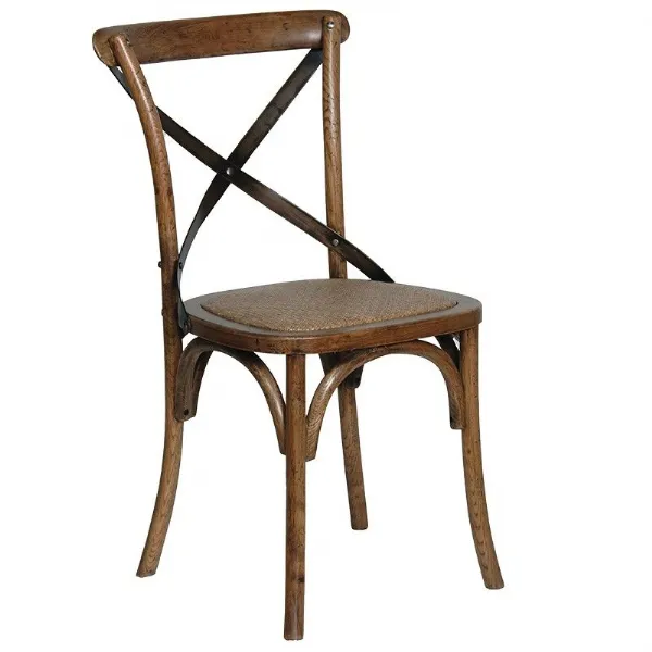 Traditional Dark Oak Bistro Dining Chair Steel X Back Rattan Seat