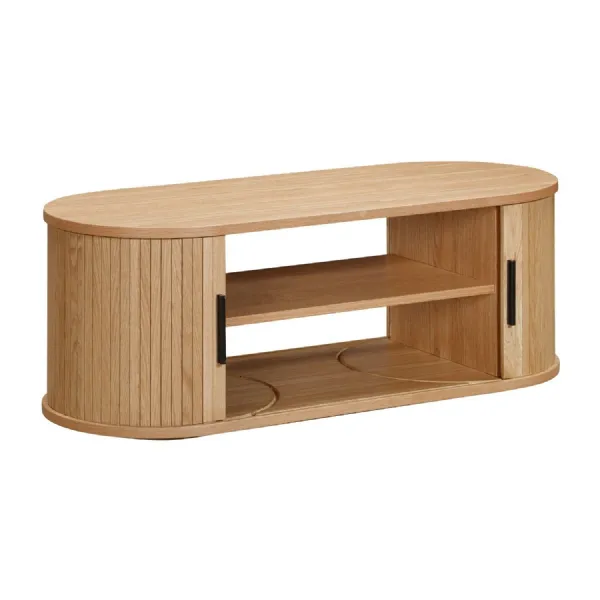 Oak Sliding Door Oval Storage Coffee Table with Open Shelves
