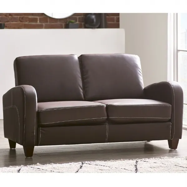 Brown Faux Leather 2 Seater Sofa with Contrast Stitching and Hardwood Frame