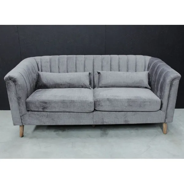 Modern Grey Velvet Fabric Upholstered 3 Seater Sofa with Ribbed Backrest