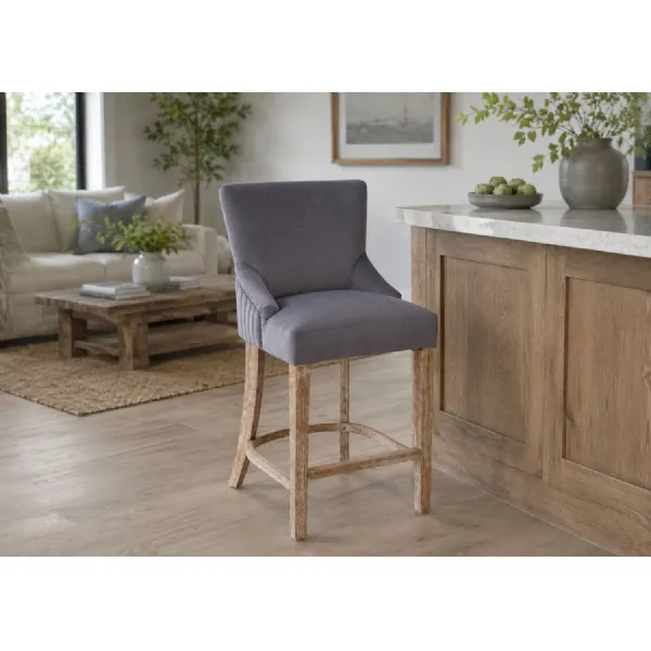 Modern Dark Grey Velvet Upholstered Wooden Bar Stool