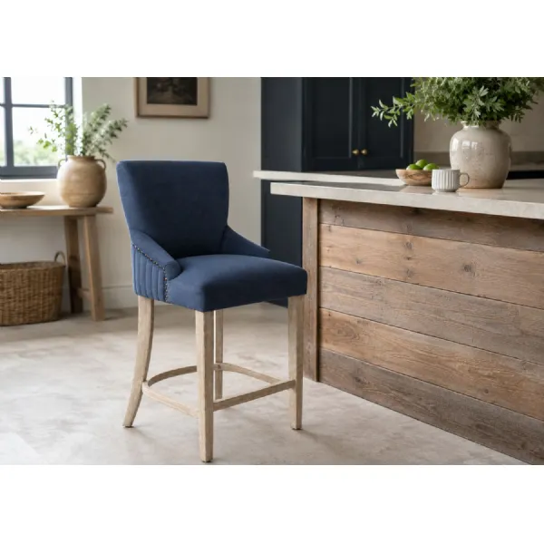 Modern Blue Velvet Upholstered Bar Stool with Limed Oak Legs