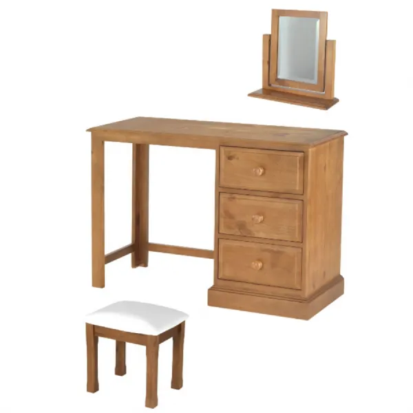 Natural Solid Pine 3 Drawer Dressing Table Set with Stool and Mirror