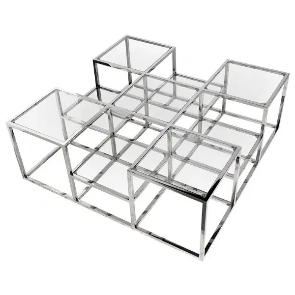 Large Square Coffee Table Multi Level Clear Glass Tops Chrome Metal Frame