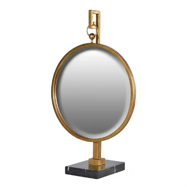 Large Round Hanging Gold Mirror On Stone Effect Stand