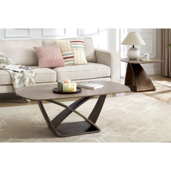Brown Marble Top Coffee Table with Metal Base