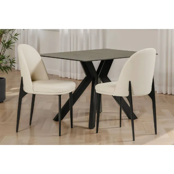 Taupe Cream Leather Curved Back Dining Chair Black Legs