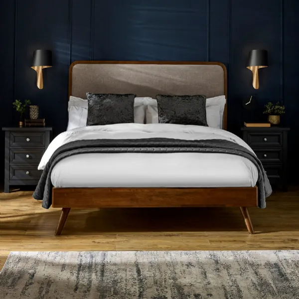 Walden Walnut Effect 150cm Kingsize Bed With Grey Chenille Upholstered Headboard