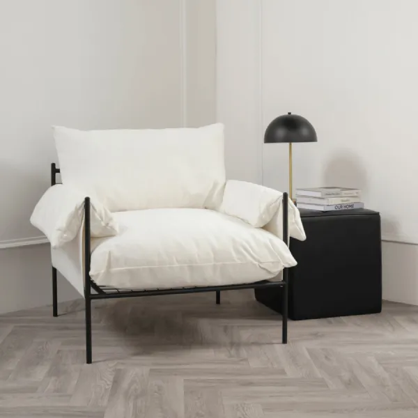 Modern Plush White Armchair with Soft Cushions and Metal Frame