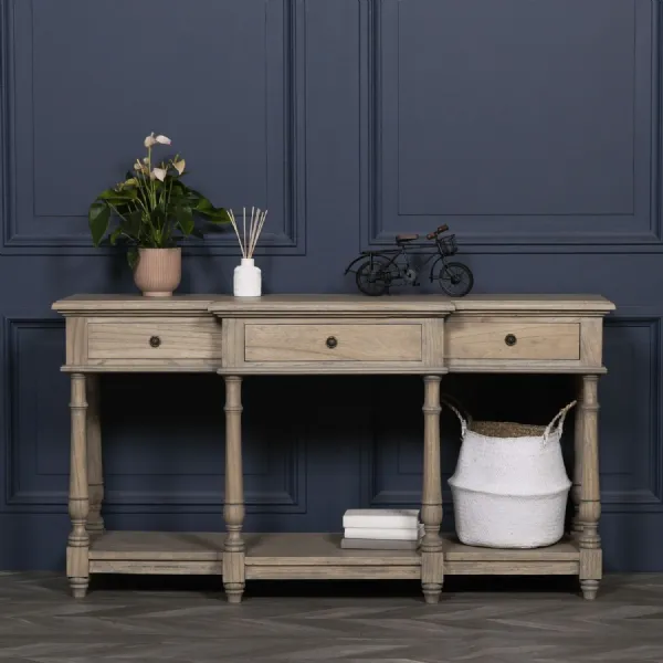 Rustic White Wood Breakfront 3 Drawer Console Table