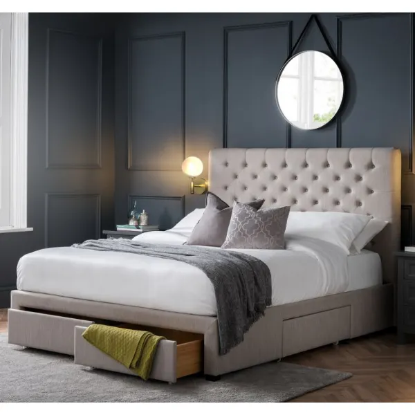 Grey Fabric Upholstered Deep Buttoned Headboard 5ft King Size Bed with 4 Drawers