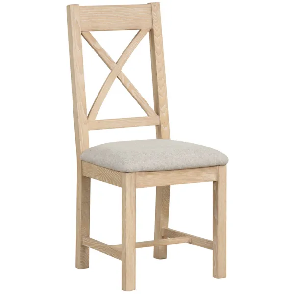 White Washed Wooden Cross Back Dining Chair Fabric Seat