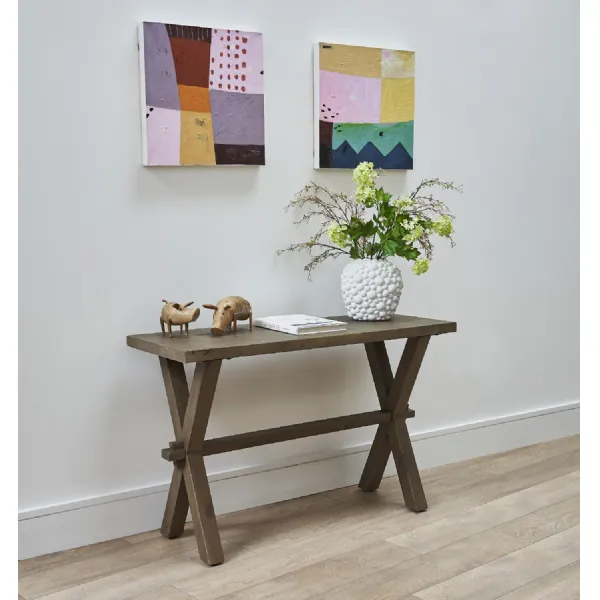 Rustic Solid Pine Rectangular Console Table with Cross Brace Base