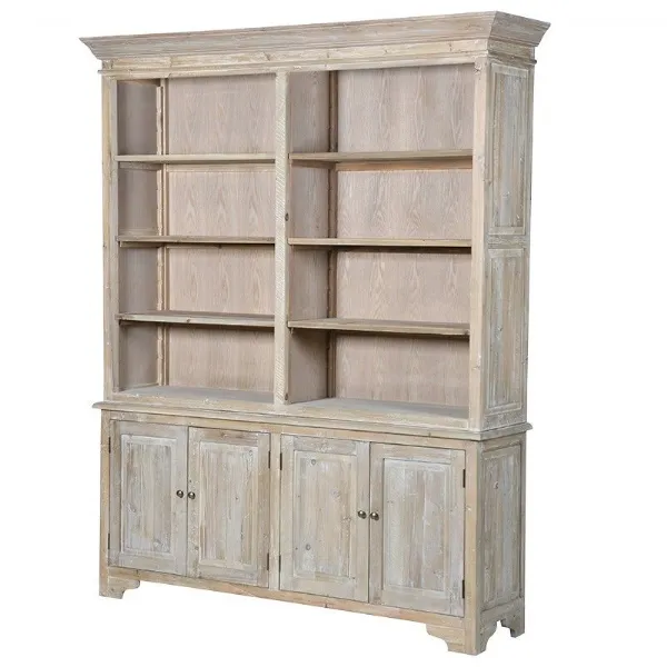 Rustic Double Large Weathered Wooden Bookcase With Cupboards