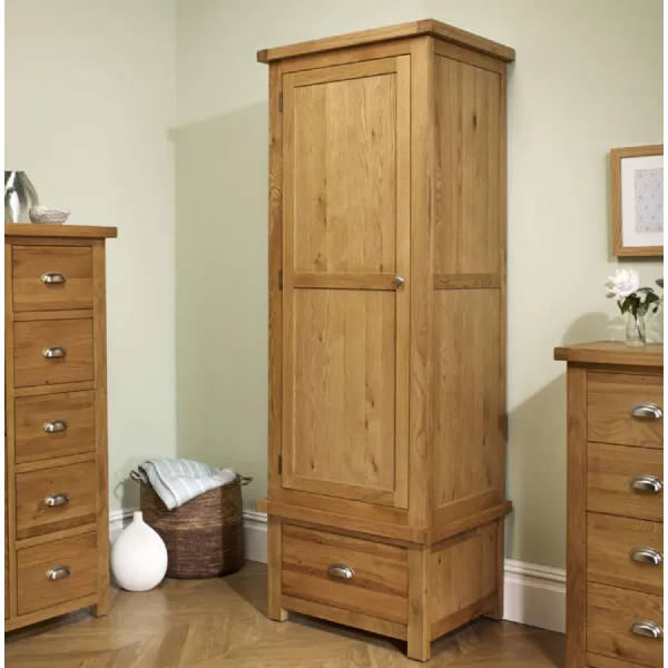 Rustic Brown Oak 1 Door 1 Drawer Tall Narrow Wardrobe