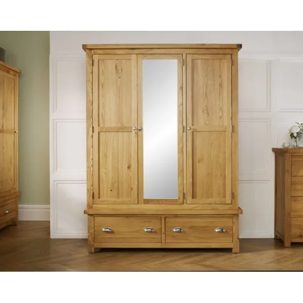 Rustic Oak 3 Door 2 Drawer Triple Large Wardrobe