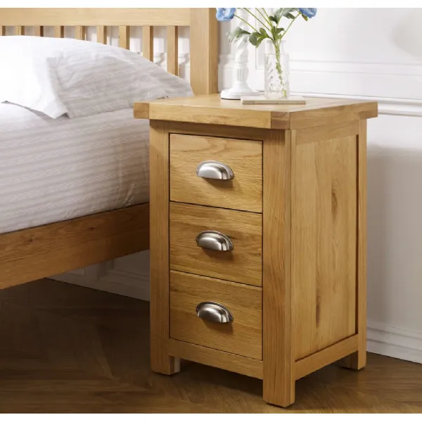 Solid Oak Large 3 Drawer Bedside with Metal Cup Handles
