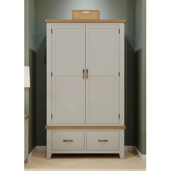 Light Grey Double 2 Drawer Wardrobe with Oak Top