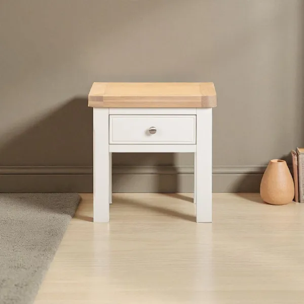 Modern Off White Side Lamp Table with Oak Top