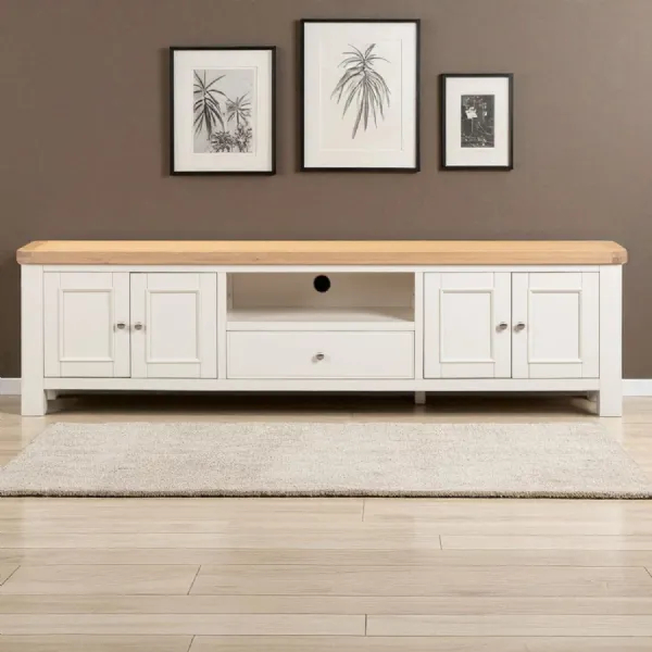 Modern White Painted Oak Extra Large TV Unit with Solid Oak Top