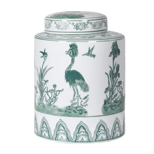 White and Sage Peacock Temple Jar