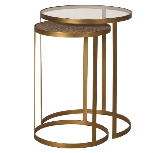 Set Of 2 Glass And Rattan Round Nesting Tables
