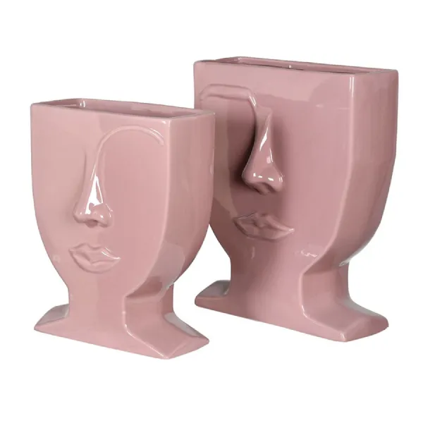 Set of 2 Pink Ceramic Face Vases
