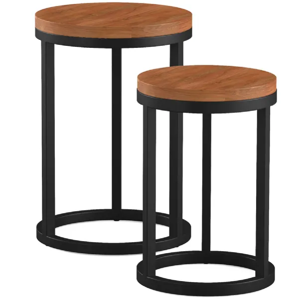 Industrial Acacia Top Circular Nest of 2 Tables with Black Metal Frame