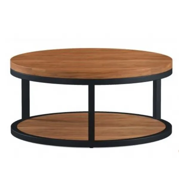Industrial Solid Acacia Top and Shelf Round Coffee Table with Black Metal Frame
