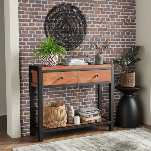 Industrial Solid Acacia Console Table with Black Metal Frame and 2 Drawers